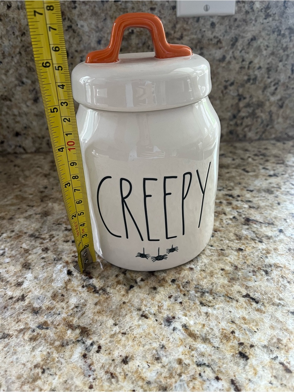 Rae Dunn Halloween Ceramic 'CREEPY' Jar Canister with Orange Handle